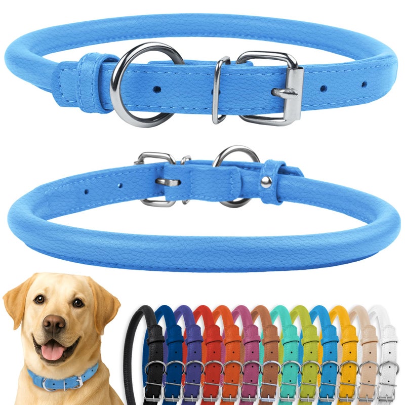 CollarDirect Rolled Leather Dog Collar, Soft Padded Round Puppy Collar, Handmade Genuine Leather Collar Dog Small Large Cat Collars 13 Colors (15-19 Inch, Light Blue Textured) - Image 1